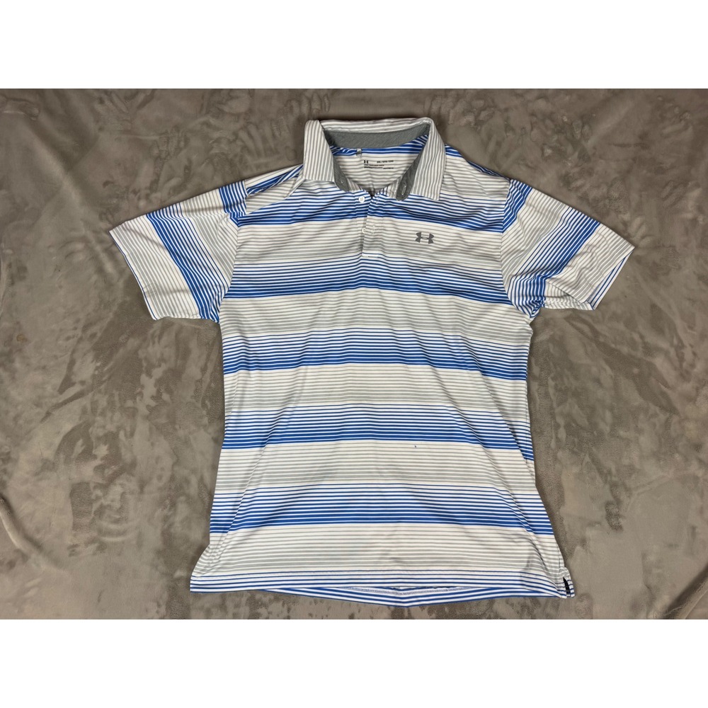 Under Armour HeatGear Mens 2XL Blue Striped Loose Fit Golf Polo Shirt 0411